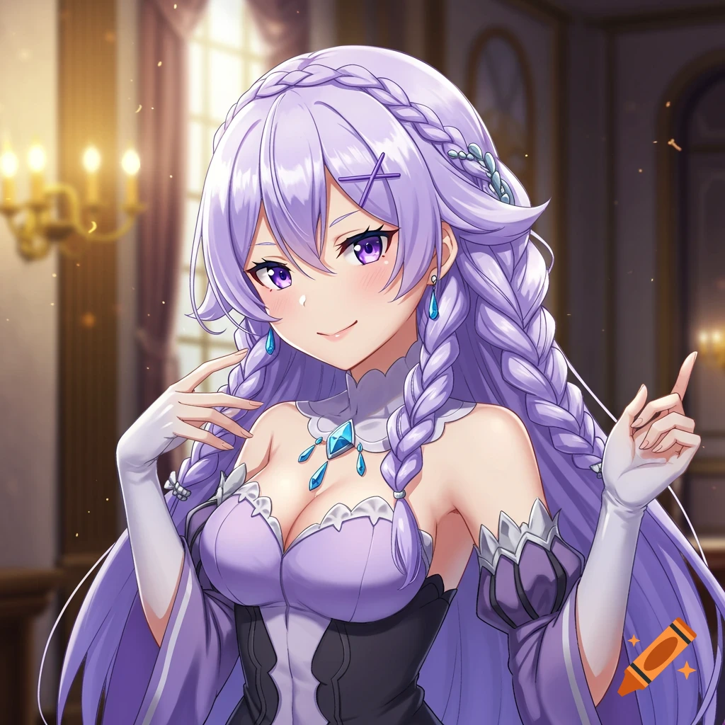 Anime character with long purple braided hair in a purple dress and gloves in a fancy room.