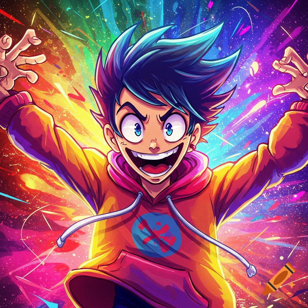 A dynamic cartoon character with spiked blue hair, orange hoodie, and big grin, stands with arms wide against a vibrant, colorful background.