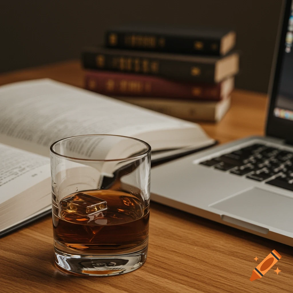 A glass of bourbon with ice sits on a wooden desk next to an open book and a laptop, with stacked books in the background.