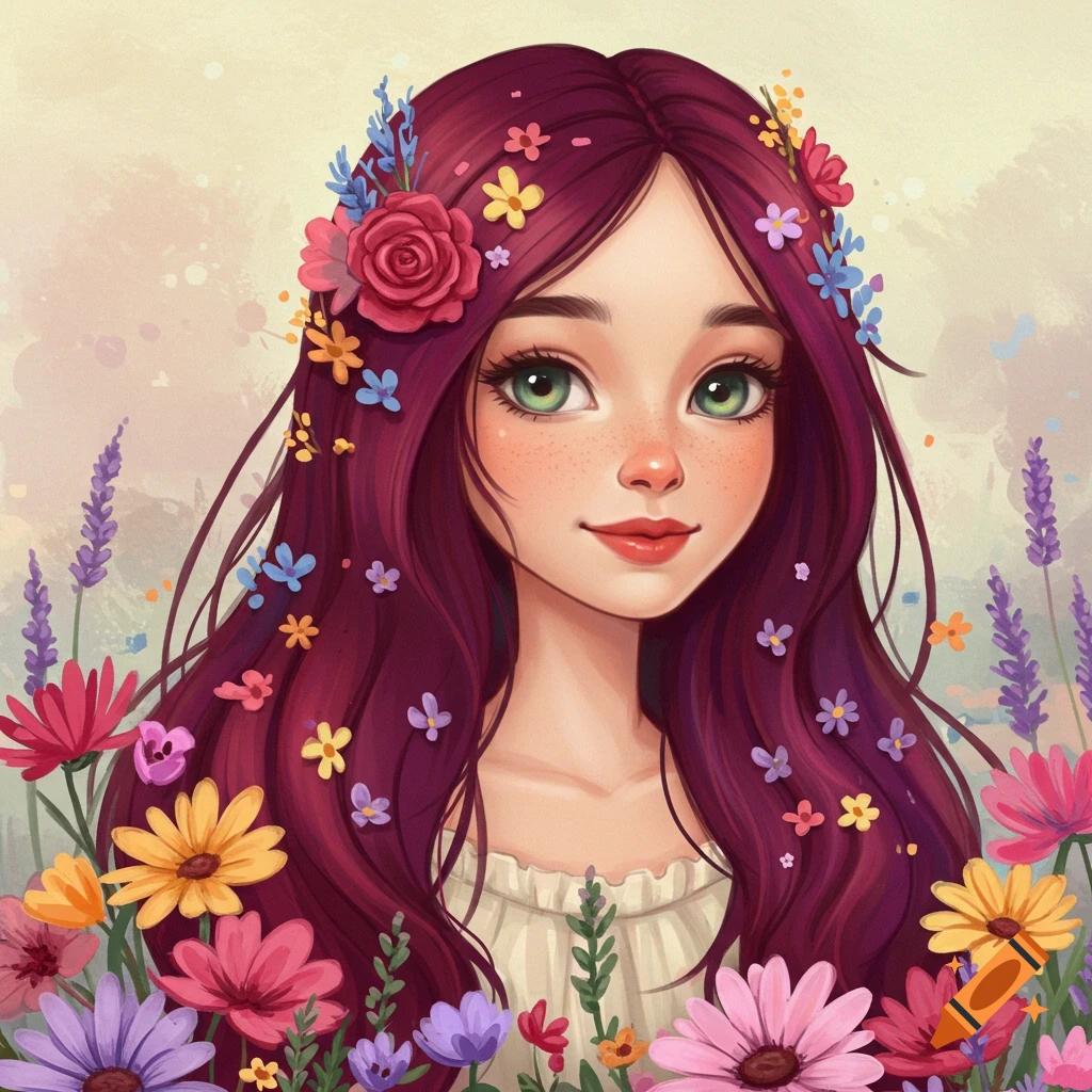 A girl with red hair and flowers