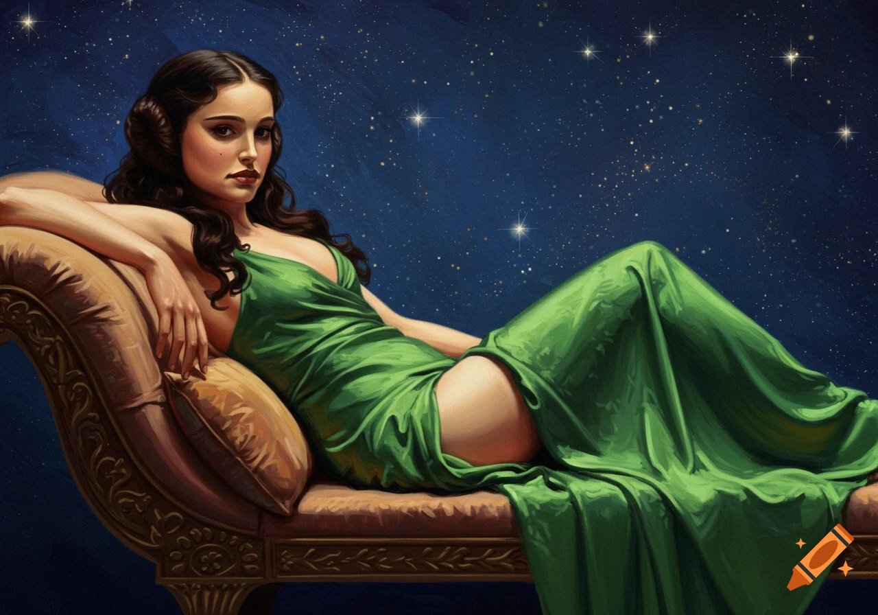 Painted portrait of a woman in a green dress reclining on a couch under a starry night sky