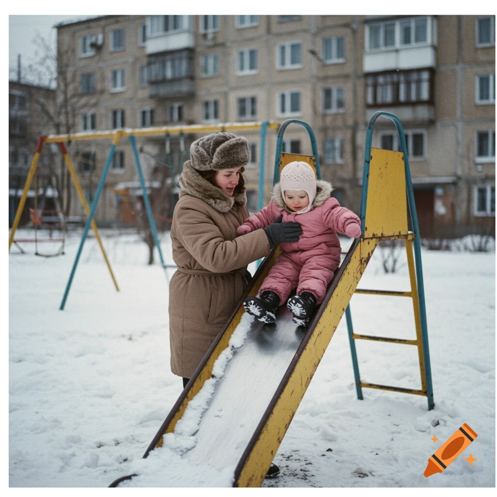 A mother helps her toddler on a snowy slide in a playground with apartment buildings in the background, like an old photograph.