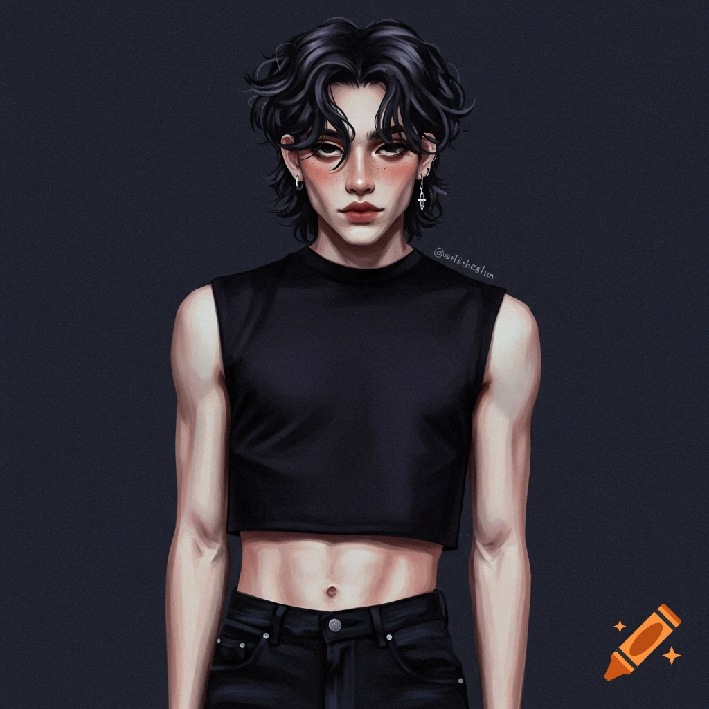 A young person with fluffy black hair, dark makeup, and piercings, wearing a black sleeveless crop top and dark jeans.