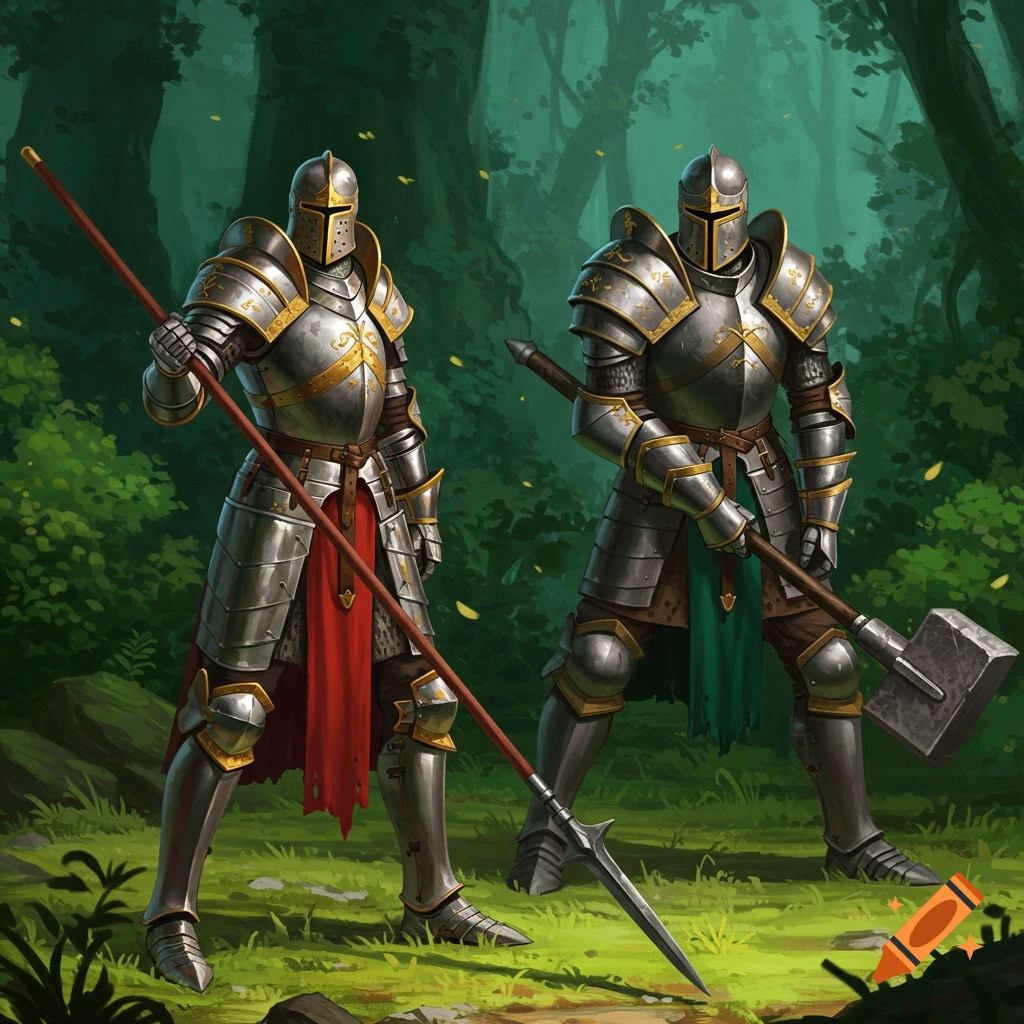 Two knights in armor, one with a spear and one with a hammer, stand in a forest clearing.