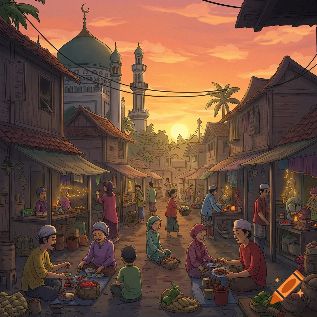 Illustration of a busy street market at sunset, with people eating and selling food near a mosque.