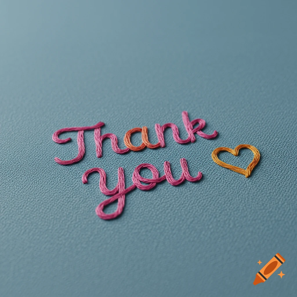 Embroidered 'Thank you' text and a heart on blue fabric.