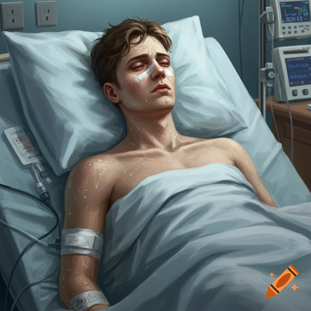 A man is sweating in a hospital bed, hooked up to medical equipment.