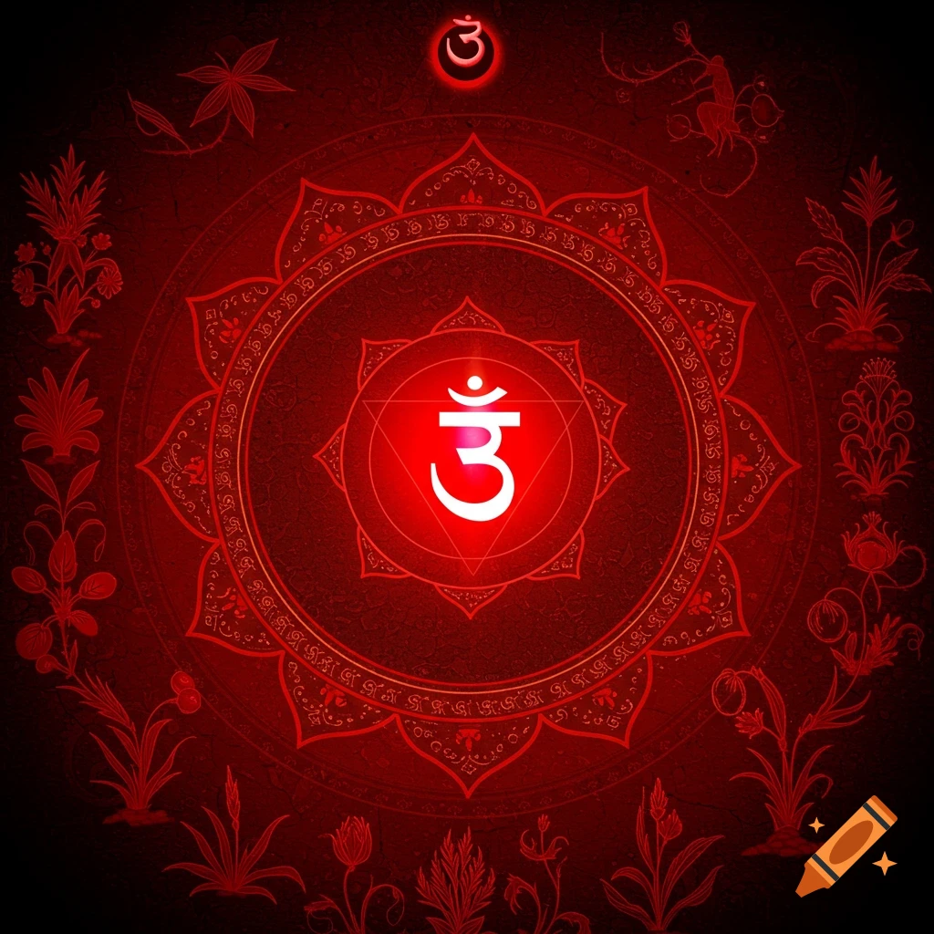 A red spiritual symbol resembling the Root Chakra with a central syllable and intricate patterns.