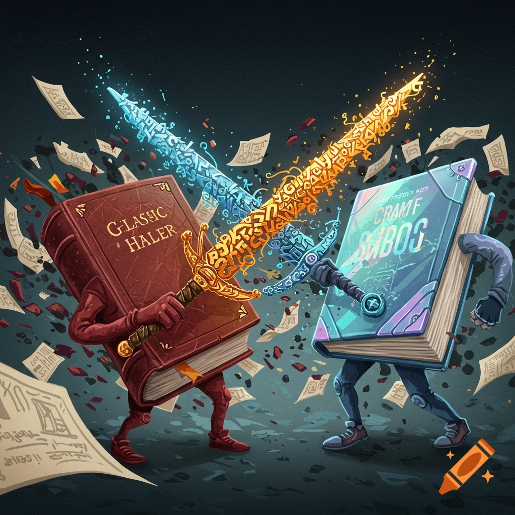 Two anthropomorphic books fighting with glowing swords made of symbols.