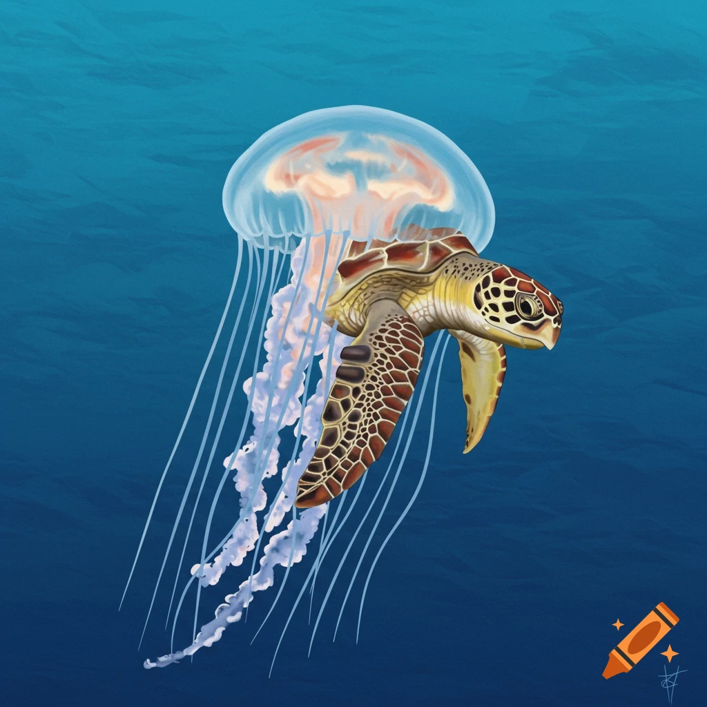 A sea turtle's body attaches to a jellyfish, swimming in the ocean.