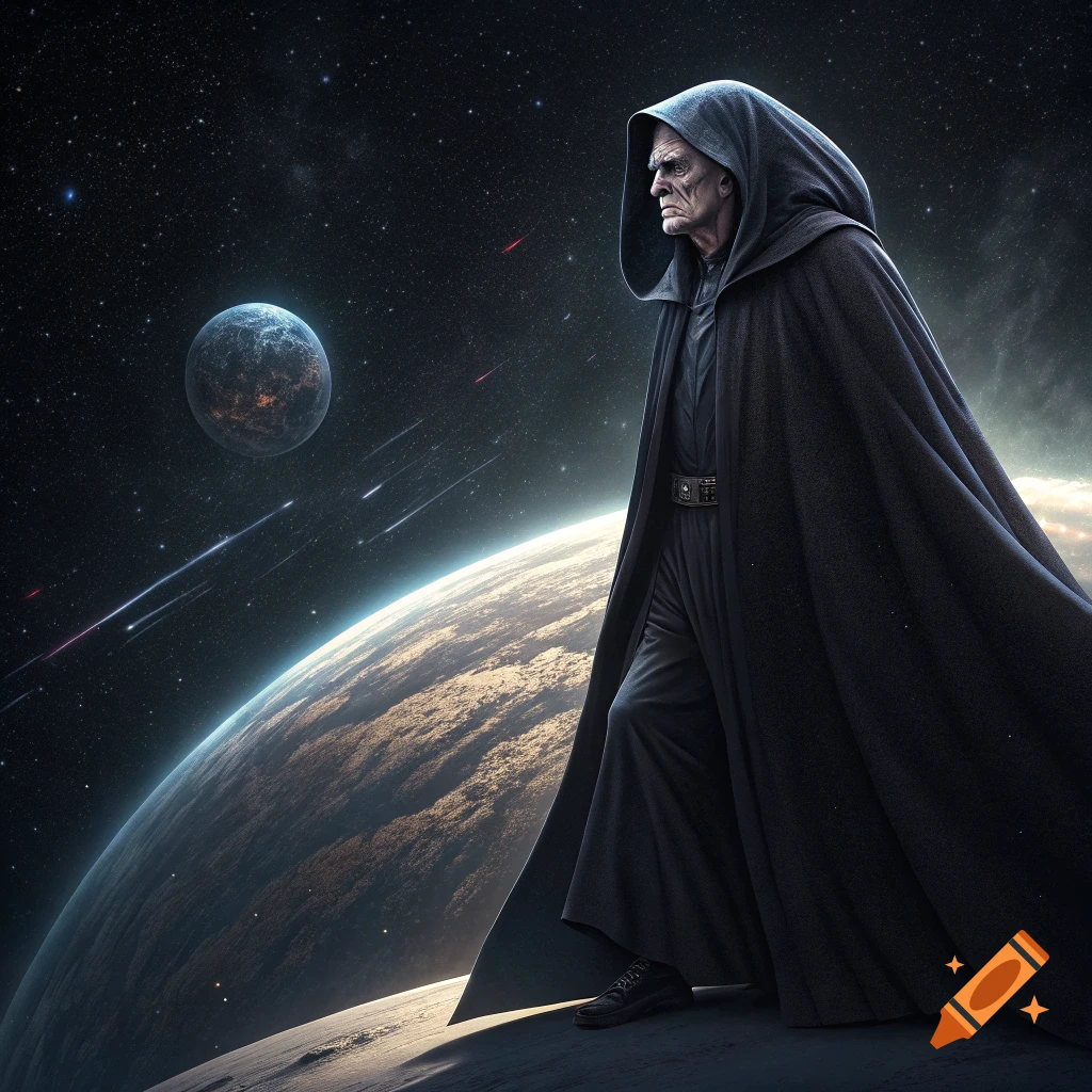A robed figure resembling Emperor Palpatine stands on a surface overlooking a planet and stars in space.