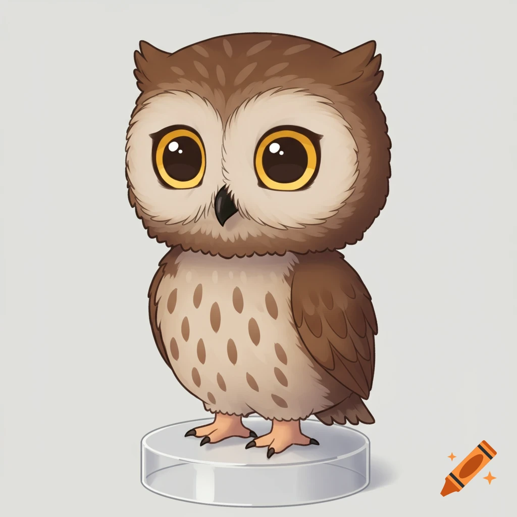 A cute cartoon owl standing on a clear circular base.