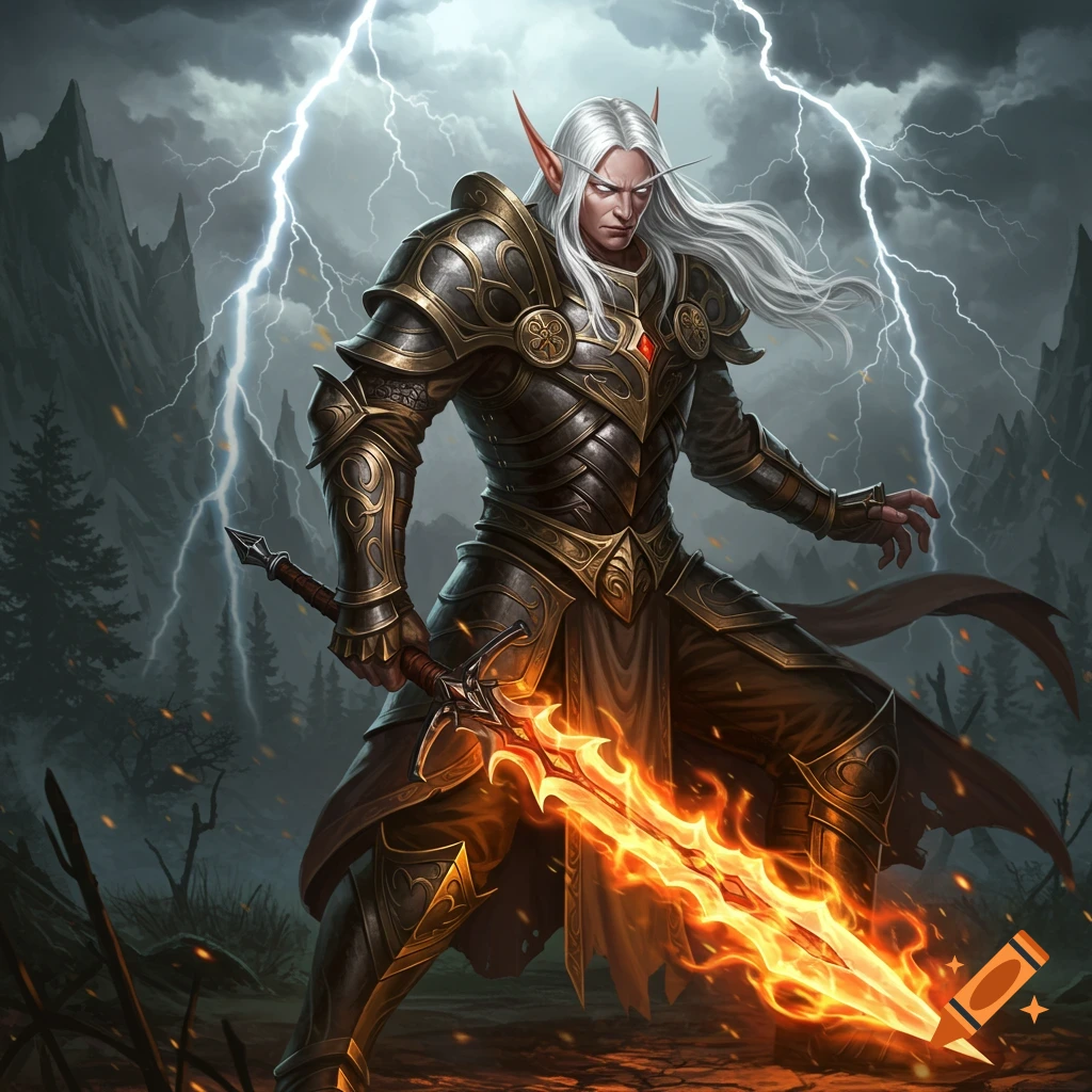A fantasy elf war priest in armor holds a flaming sword in a stormy mountain landscape.
