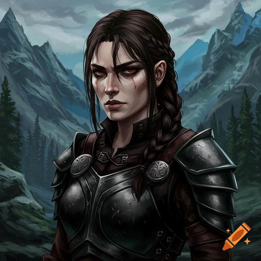 A female warrior with red eyes in armor stands against a mountainous forest background.