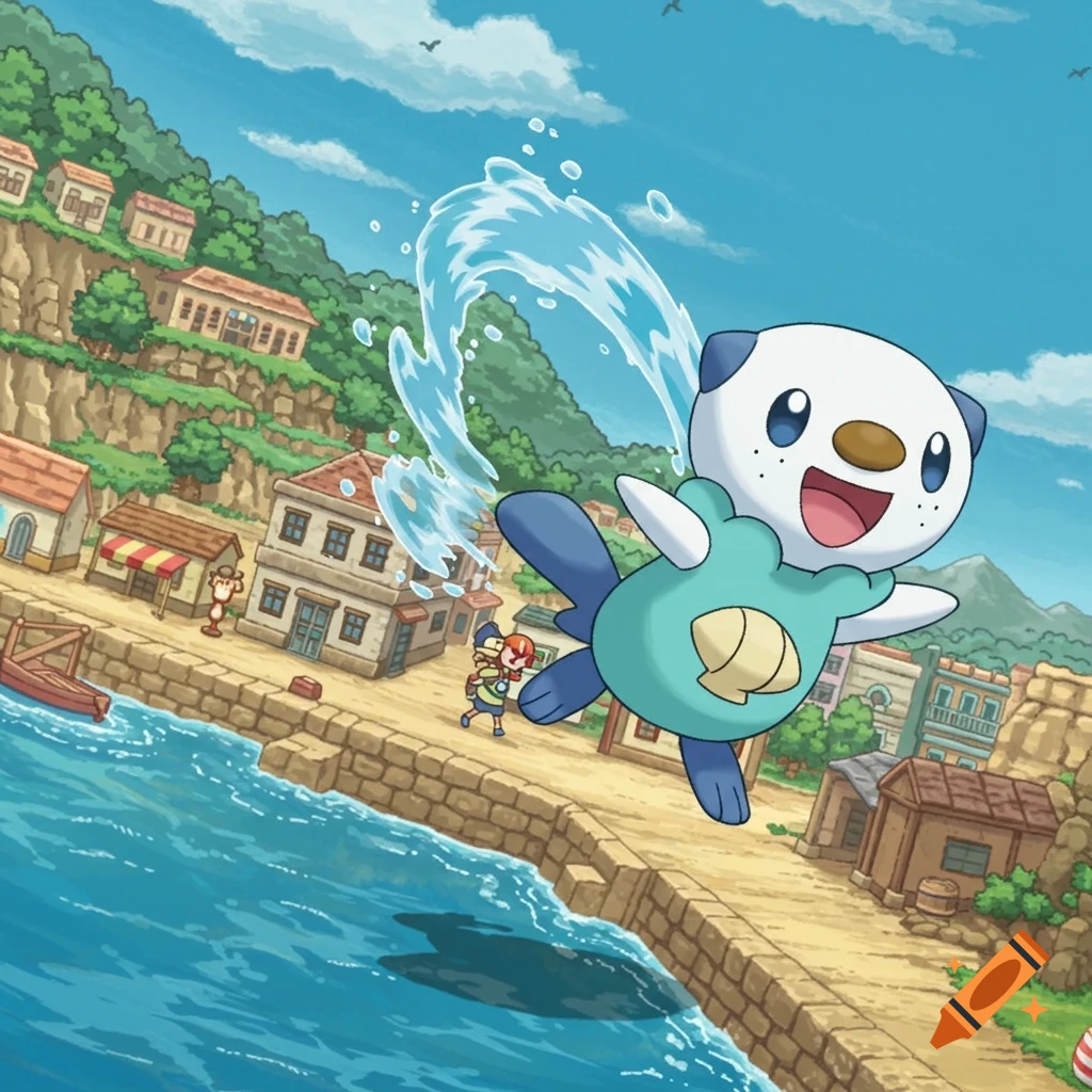 Anime illustration of Oshawott Pokemon flying over a sunny waterfront town