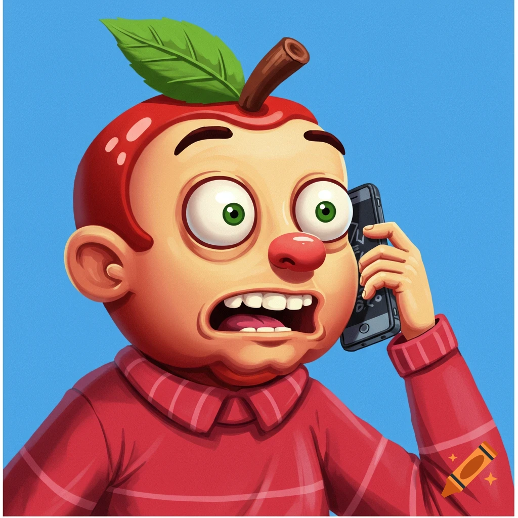 Cartoon character with an apple for a head looks surprised while holding a smartphone.