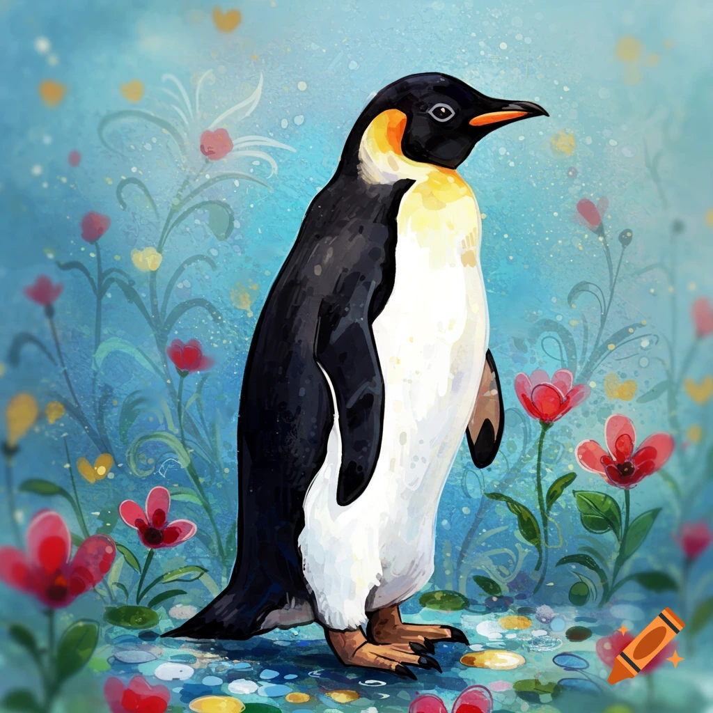 A penguin standing among colorful flowers in a whimsical style.