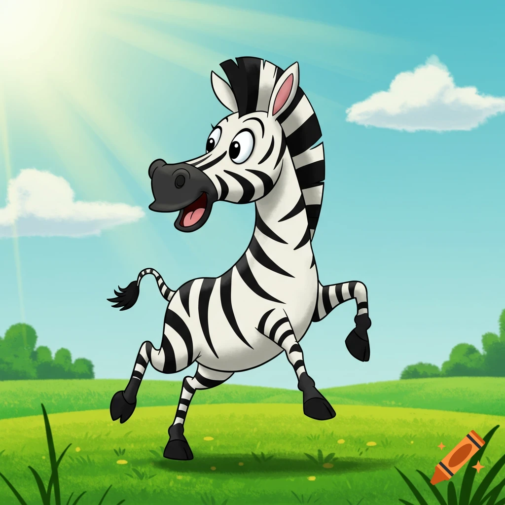 Cartoon zebra prancing in a sunny field