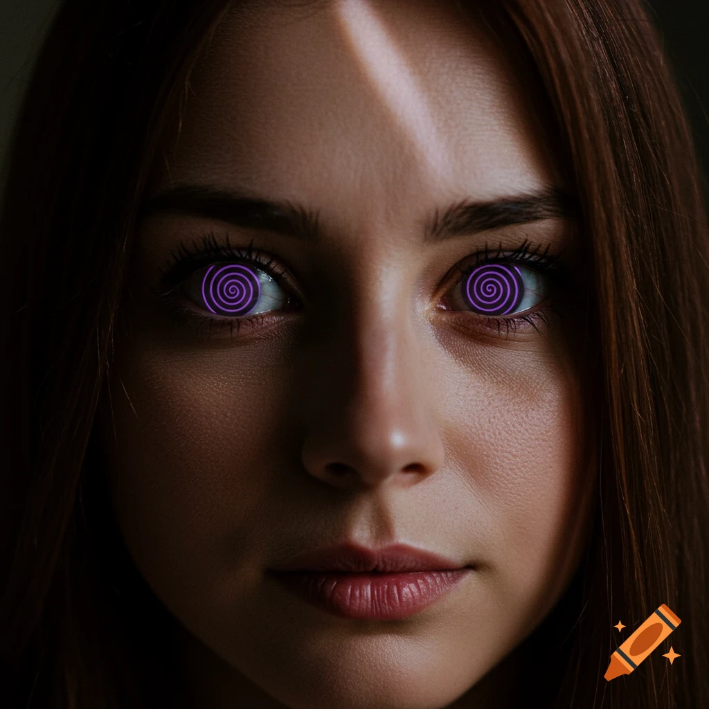 A close-up portrait of a woman with purple spirals in her eyes.