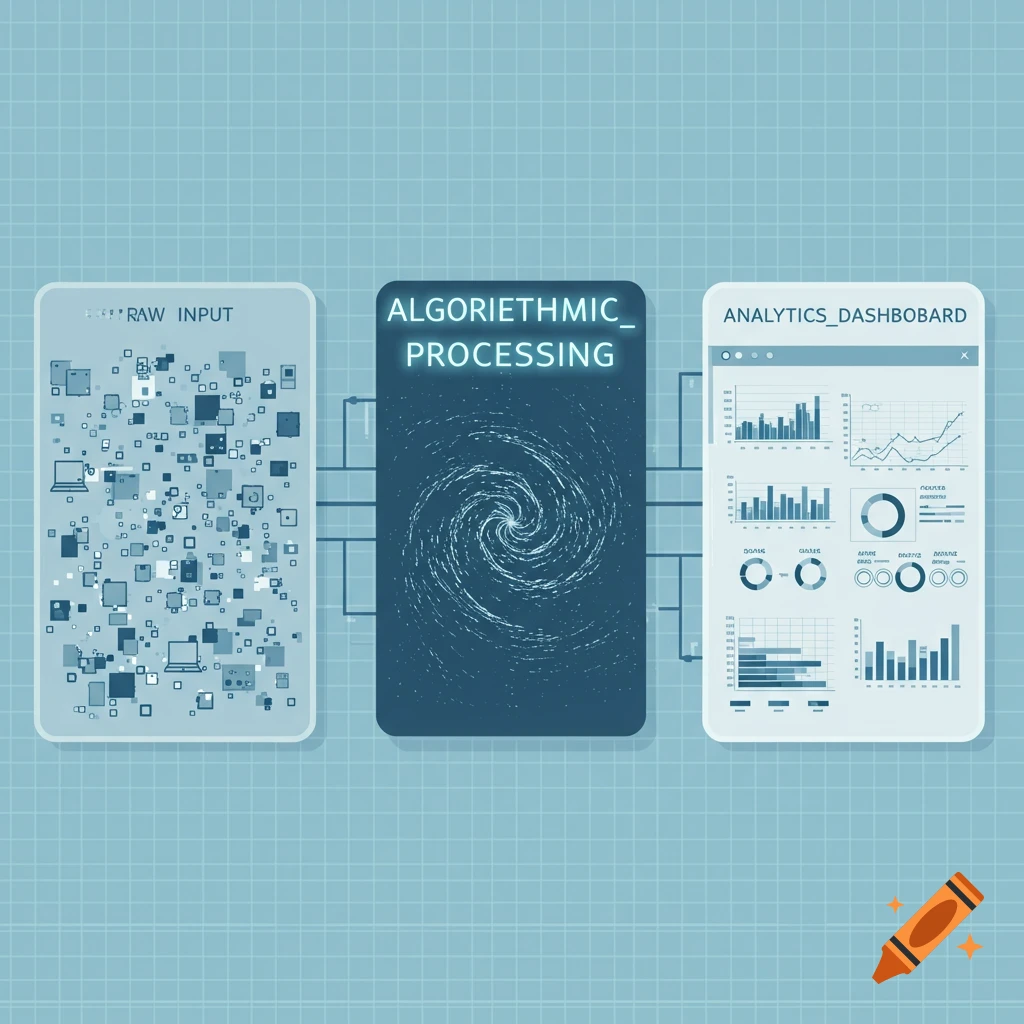 Technical diagram showing data processing flow from raw input to algorithmic processing to analytics dashboard on a grid background.