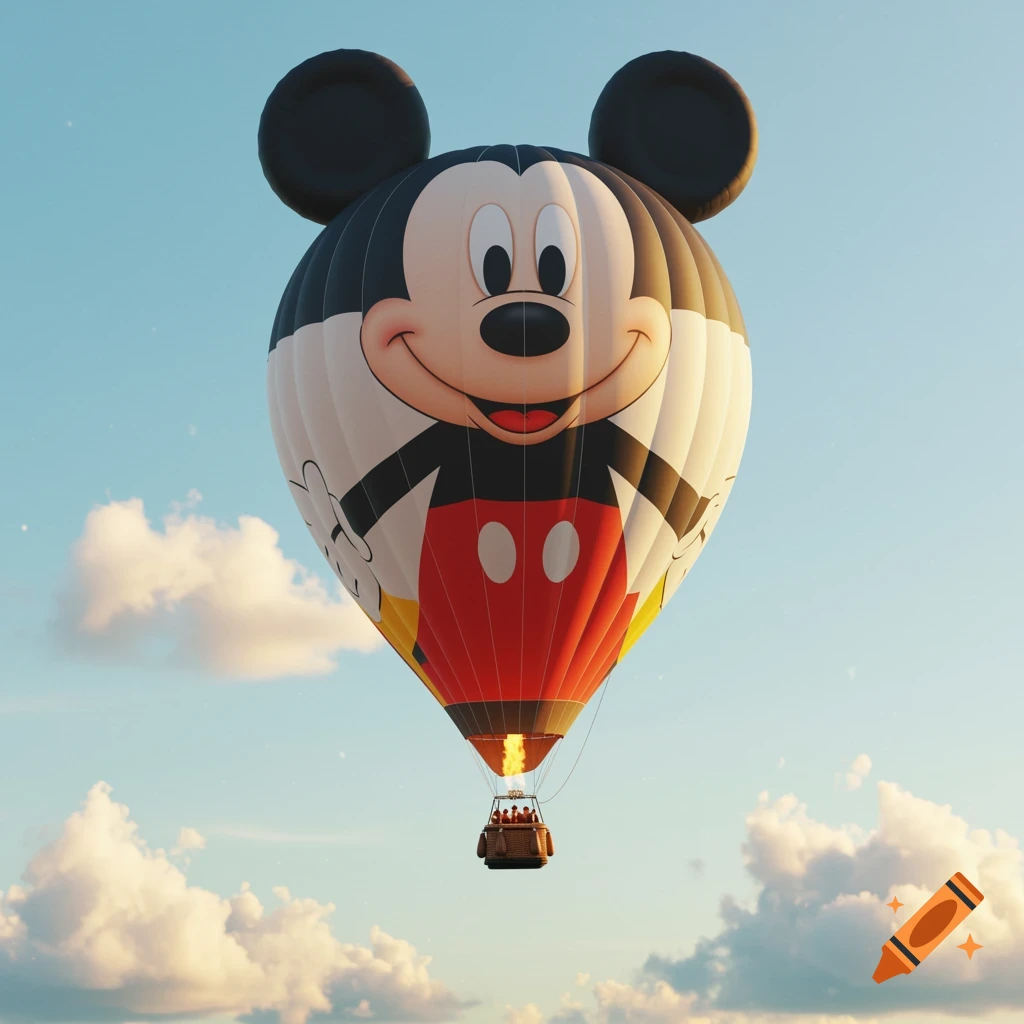 A hot air balloon shaped like Mickey Mouse soars through a blue sky with fluffy clouds.