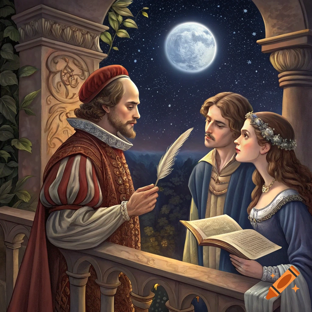 Three people in historical clothing stand on a balcony at night, looking at a book and quill under a full moon.