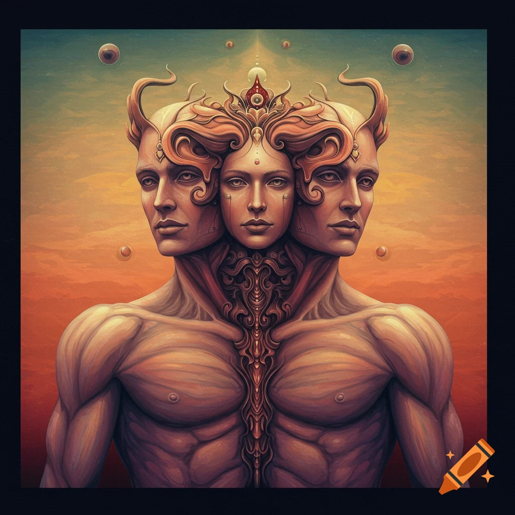 A surreal image of a being with a shared muscular body and three heads, two male and one female, against a colorful sky.