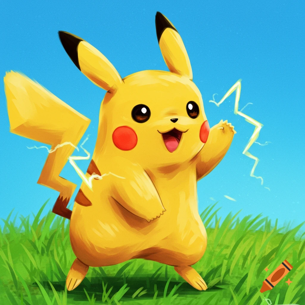 Pikachu standing in grass under a blue sky, generating lightning.