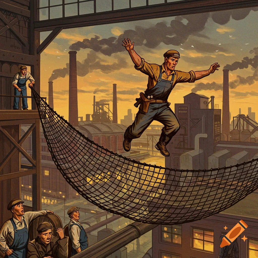 A worker is shown jumping into a safety net, with other workers observing in an industrial setting at sunset.