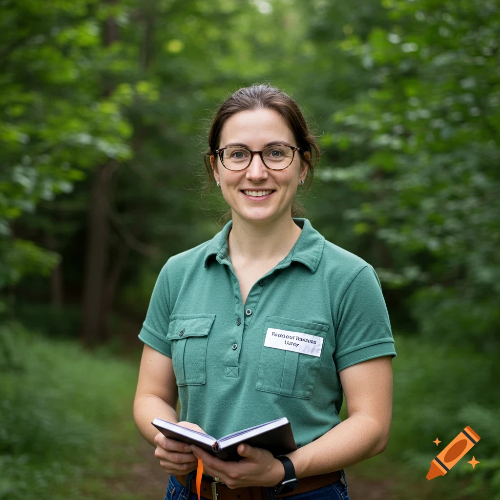 Photorealistic portrait of a smiling woman with glasses and green shirt holding a notebook in a forest.