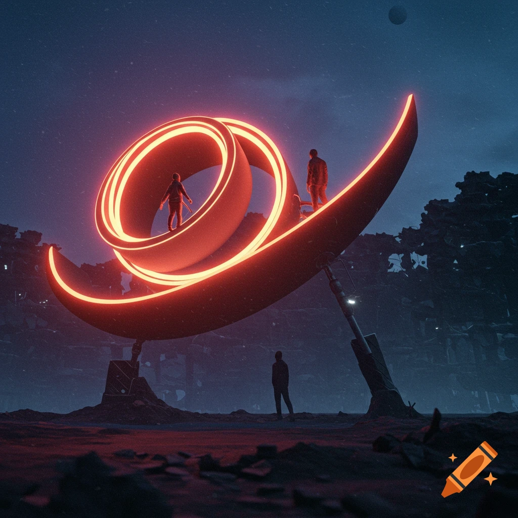 Figures stand on a large glowing red spiral structure in a dark landscape at night.