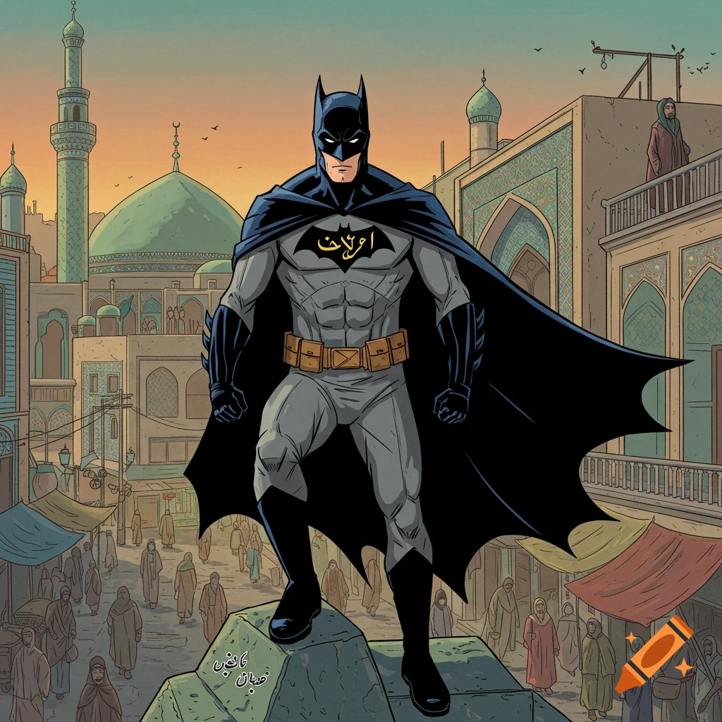 Batman stands on a rock in a busy Middle Eastern city street scene with a mosque in the background, comic book style.