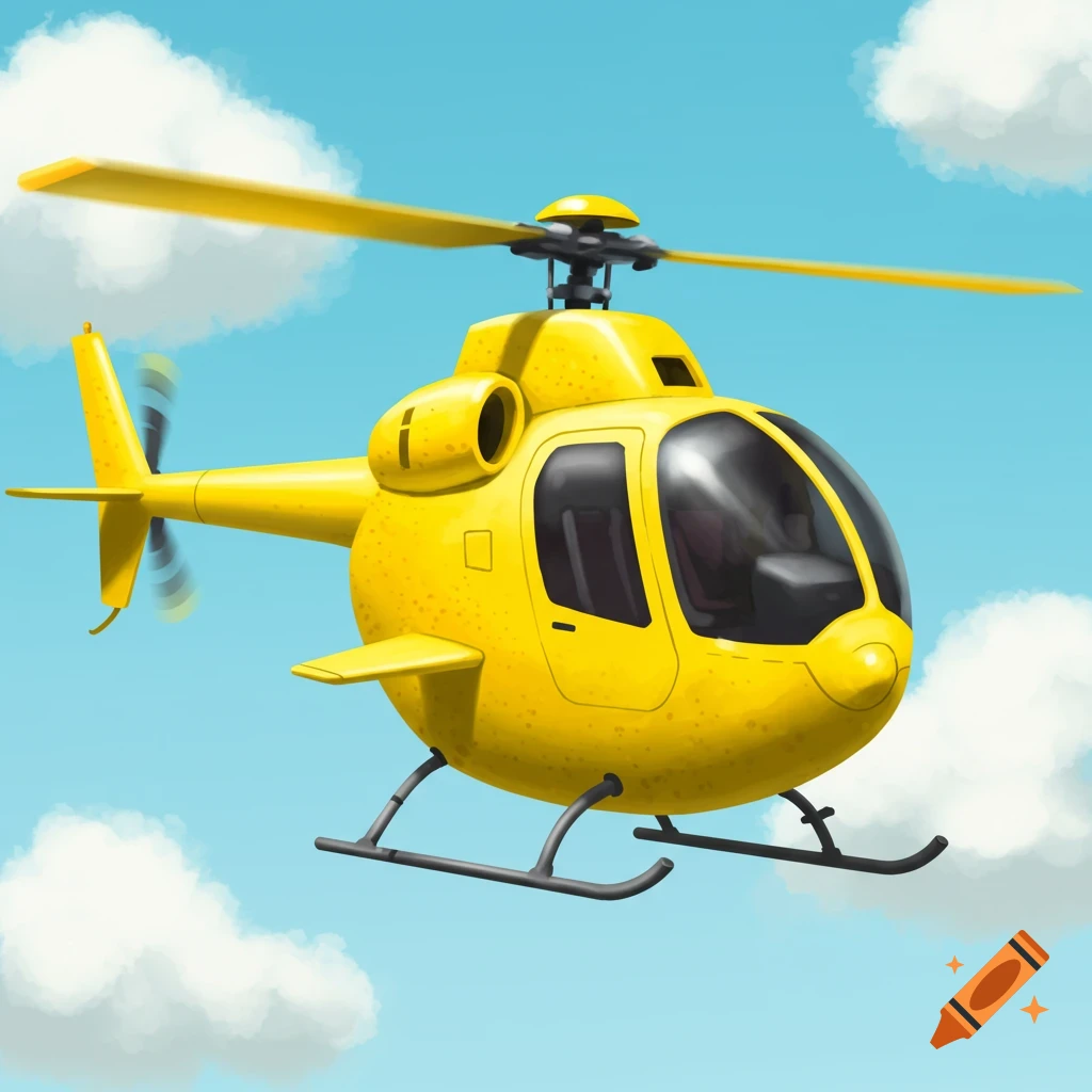 A yellow helicopter flies in a blue sky with clouds.