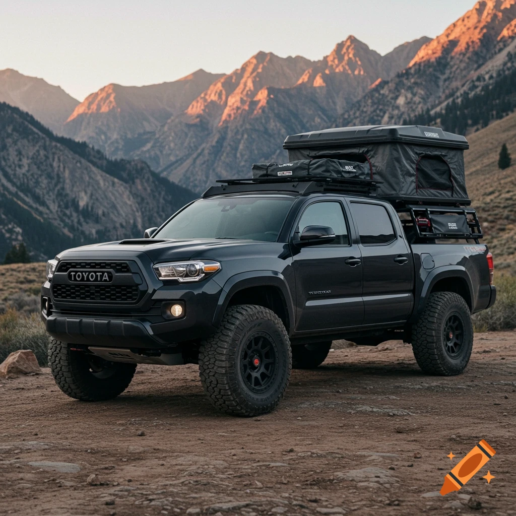 Black Toyota Tacoma truck with rooftop tent on a dirt road in the mountains at sunset.