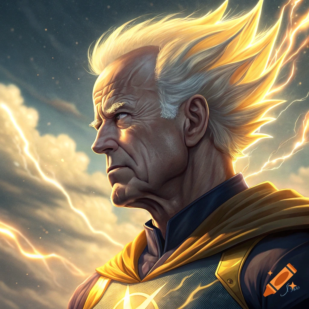 Illustration of an older man with spiky blonde hair and glowing eyes wearing a superhero outfit with lightning