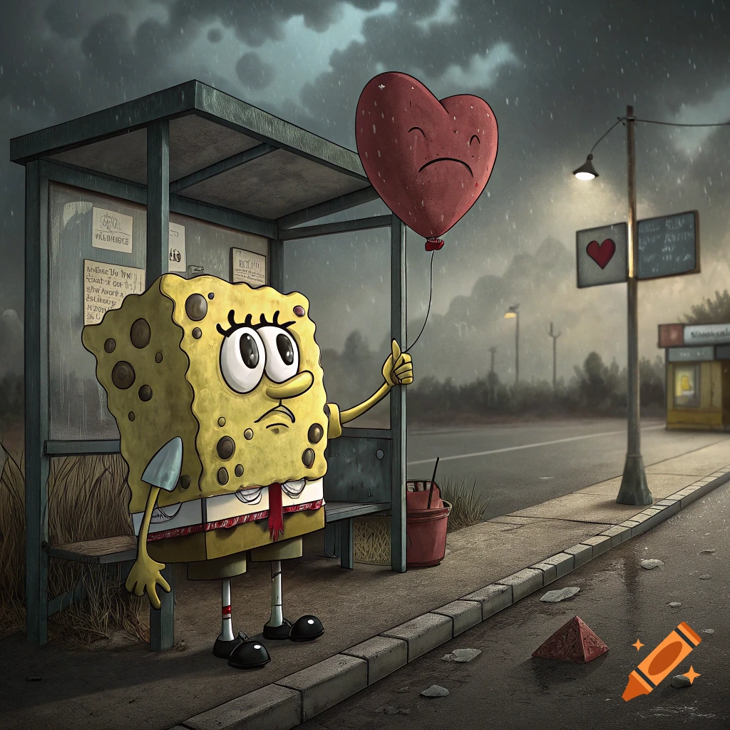 Spongebob stands at a rainy bus stop, sadly holding a heart balloon.