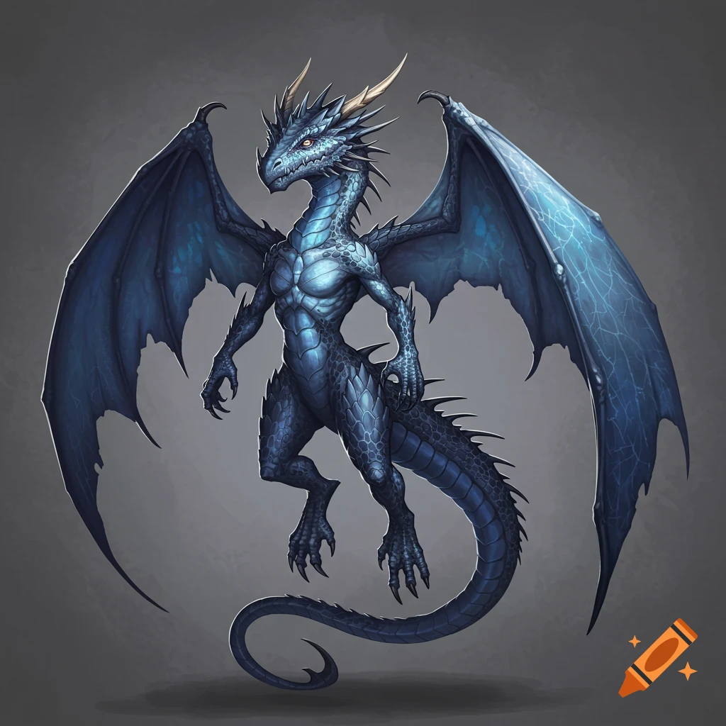 A blue dragon with large wings and tail