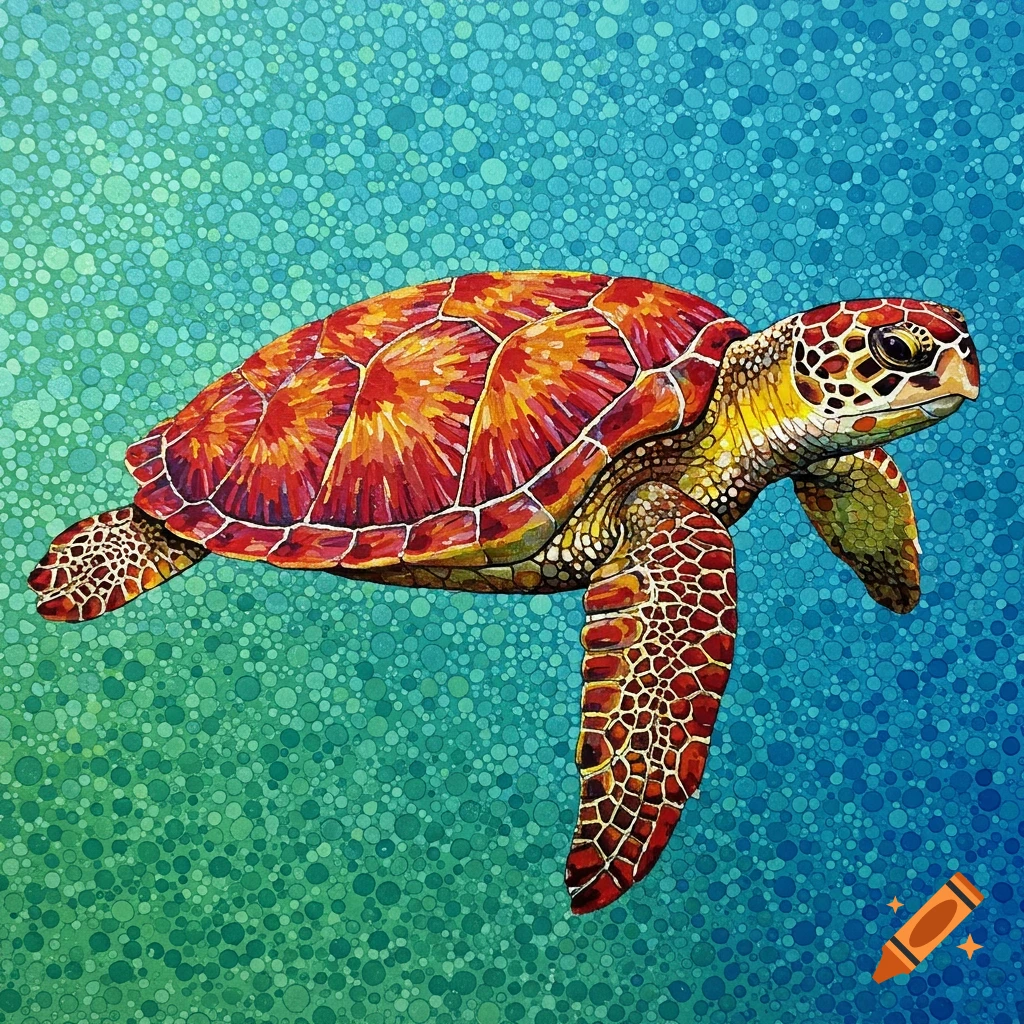 Colorful dot art of a sea turtle swimming in blue and green water.