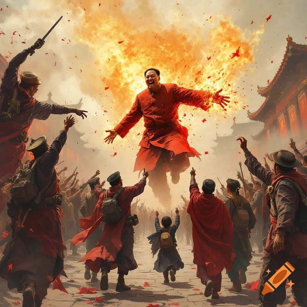 Figure in red robes floats over a crowd reaching up amid fire and red petals, historical setting.
