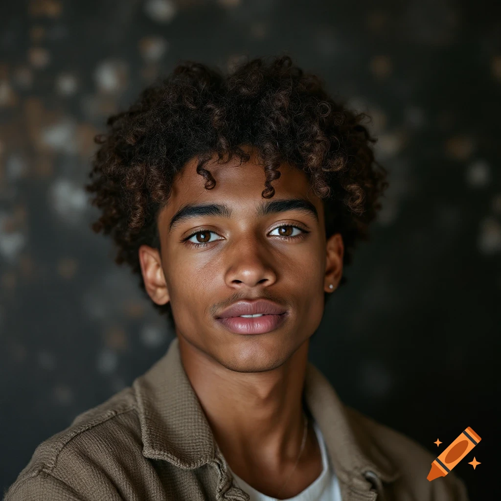 Photorealistic portrait of a young Black man with curly hair and brown eyes.