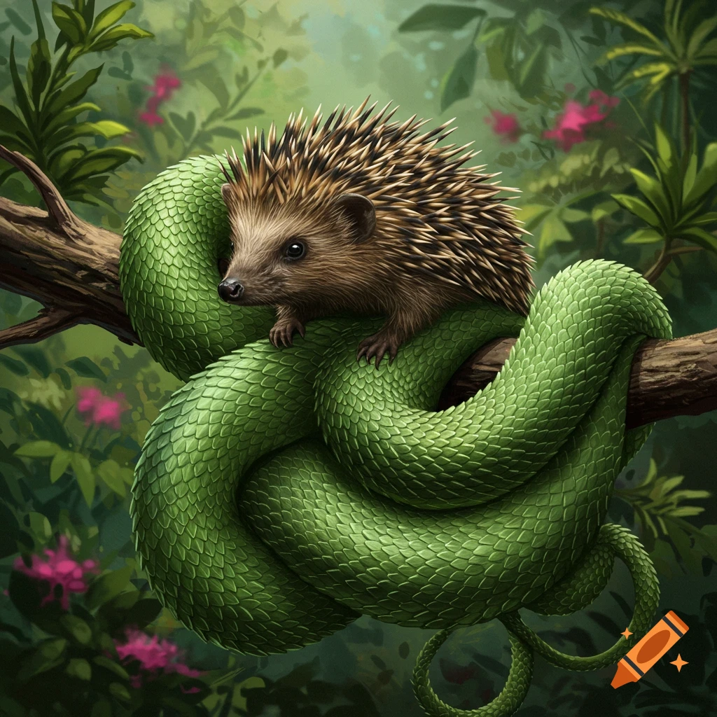 A hedgehog perched on a large green snake coiled around a tree branch in a forest.