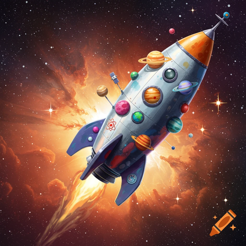 A whimsical cartoon rocket ship covered in planets flies through space with bright stars and gas clouds.