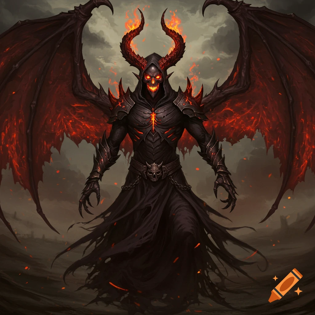 A dark fantasy creature with fiery horns, glowing eyes, wings, and dark armor.