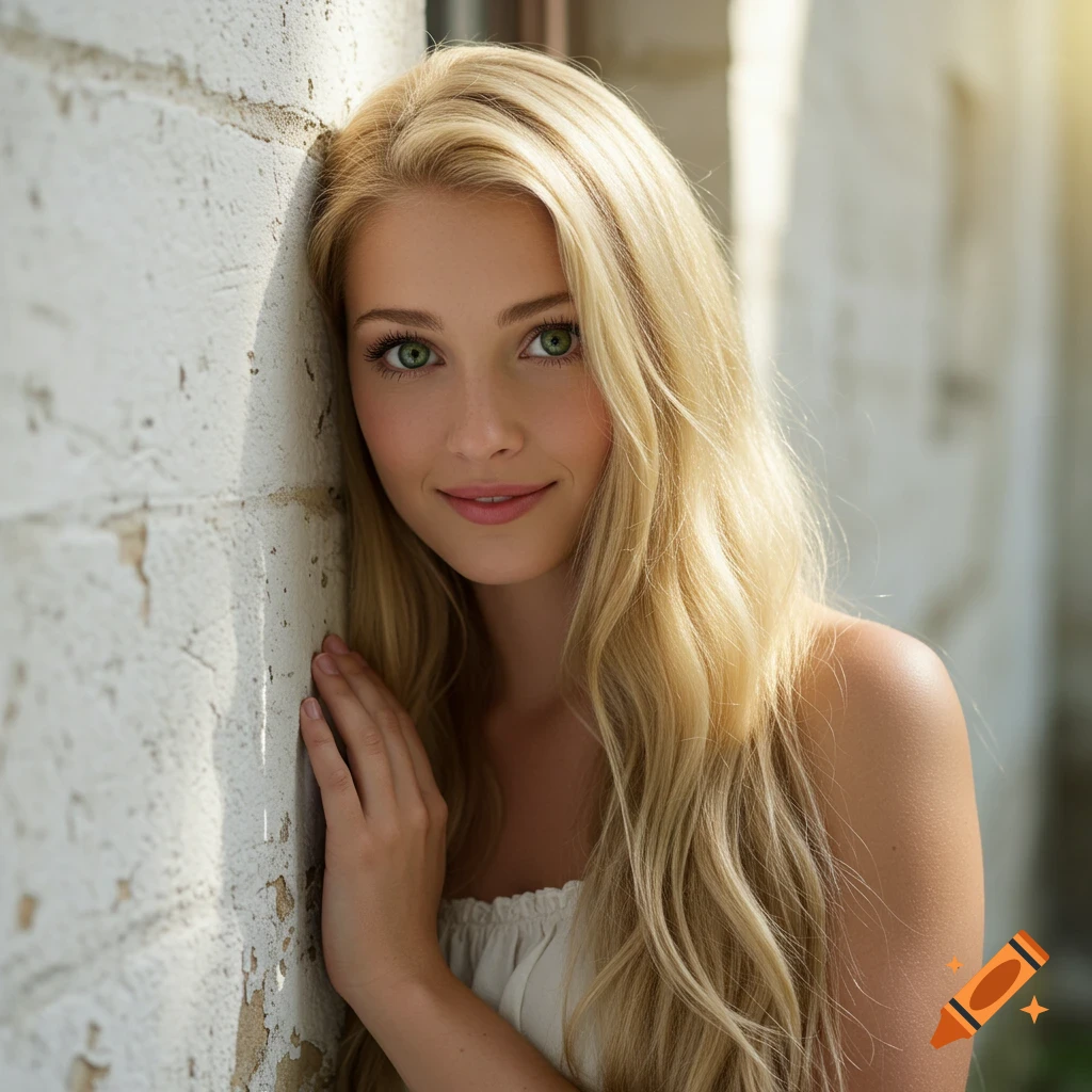 Portrait of a young woman with blonde hair and green eyes leaning against a white wall.