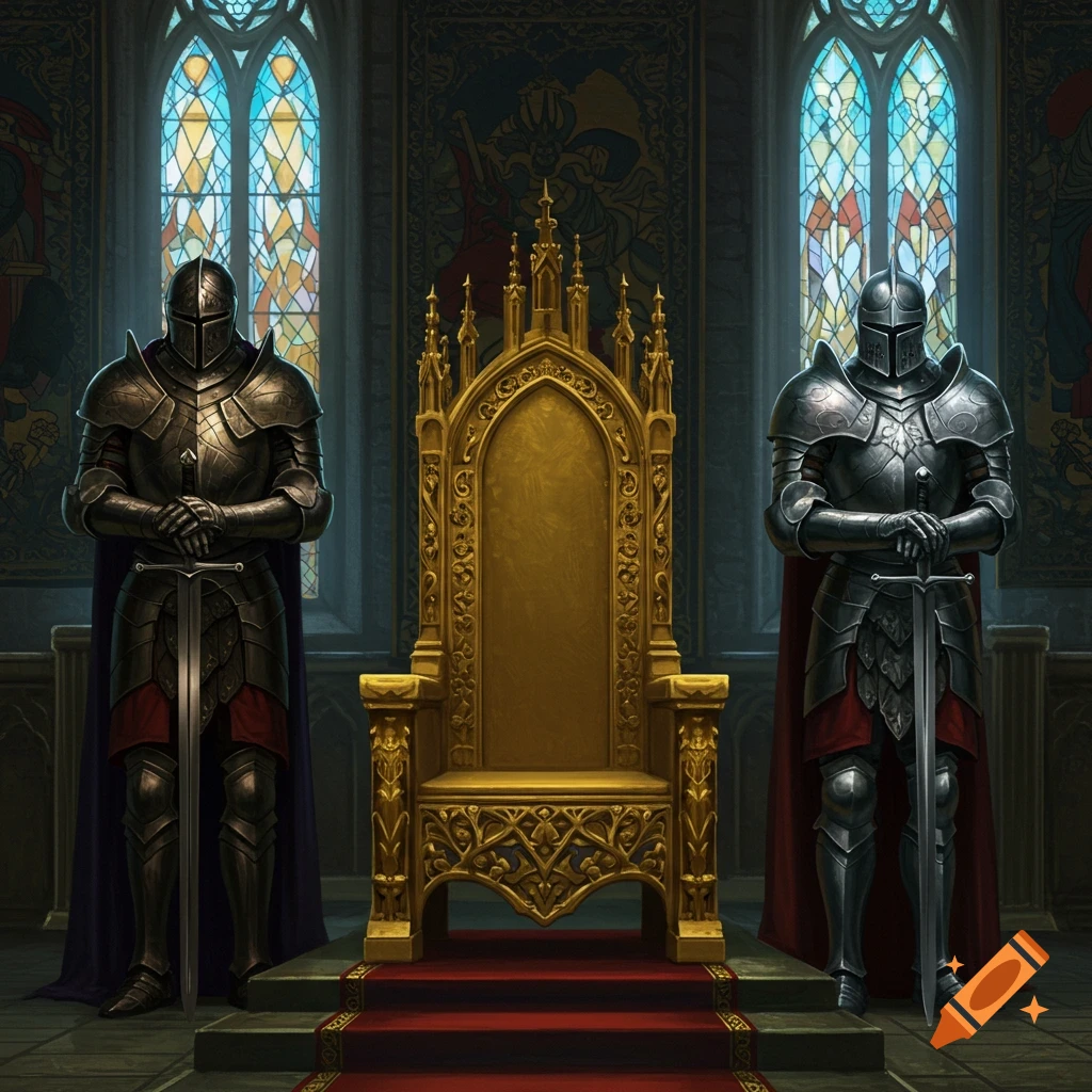 Two knights stand beside a golden throne in a castle hall.