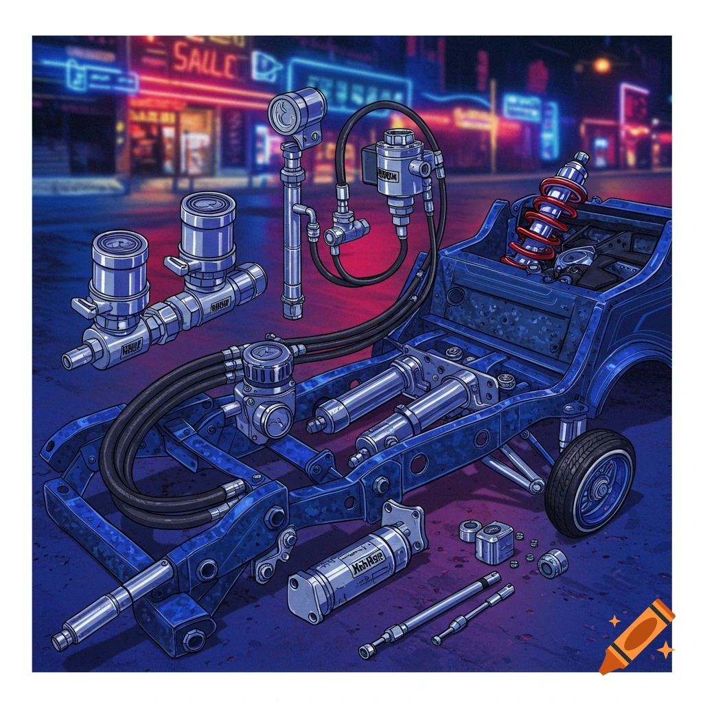 Disassembled parts for a lowrider hydraulic system and car frame are shown against a blurred street background.