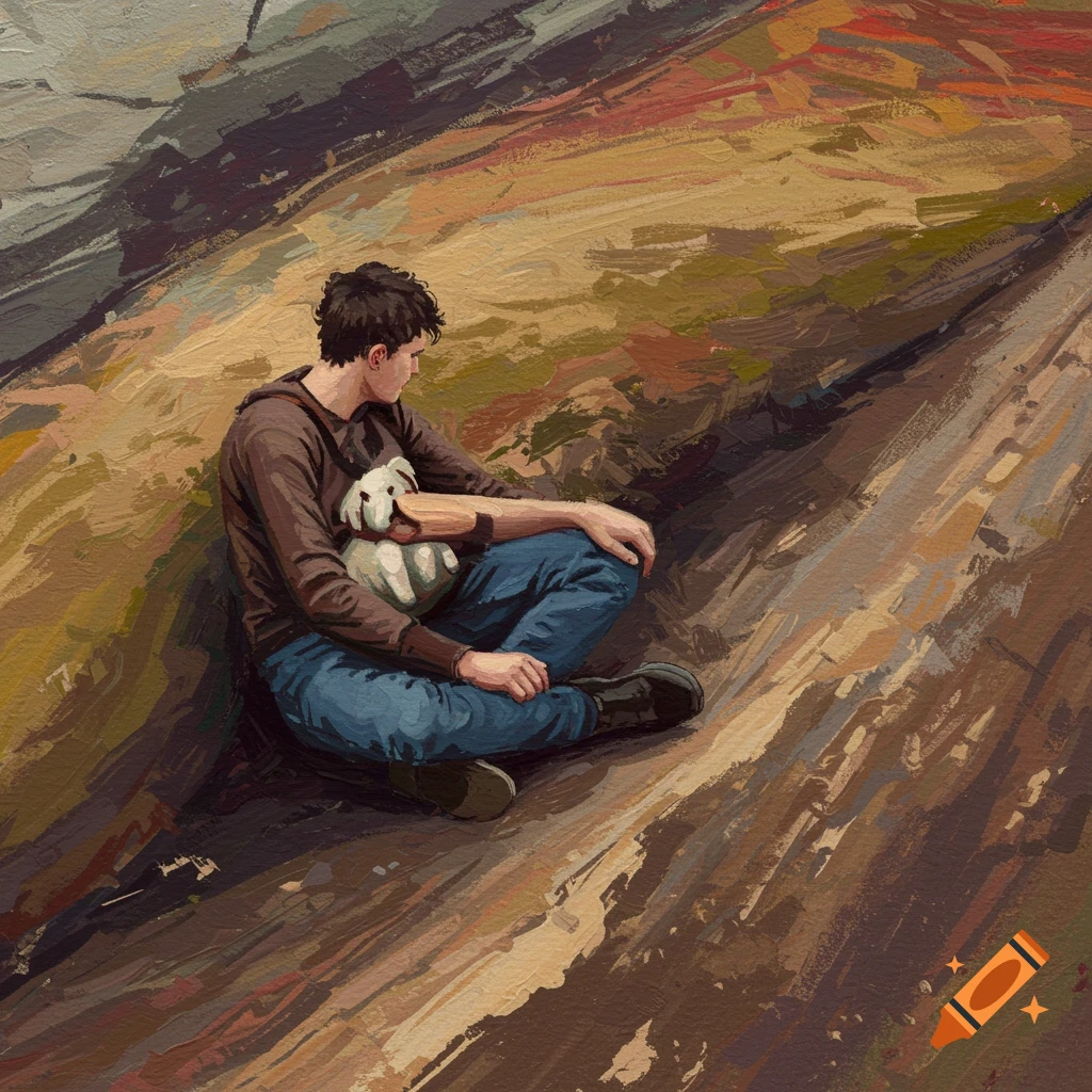 A person sits on a brown and yellow slope holding a small white dog or toy.
