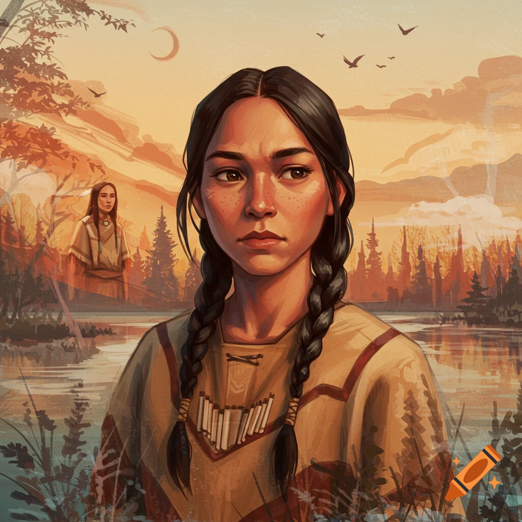 A young woman in traditional clothing against a lake and forest sunset.