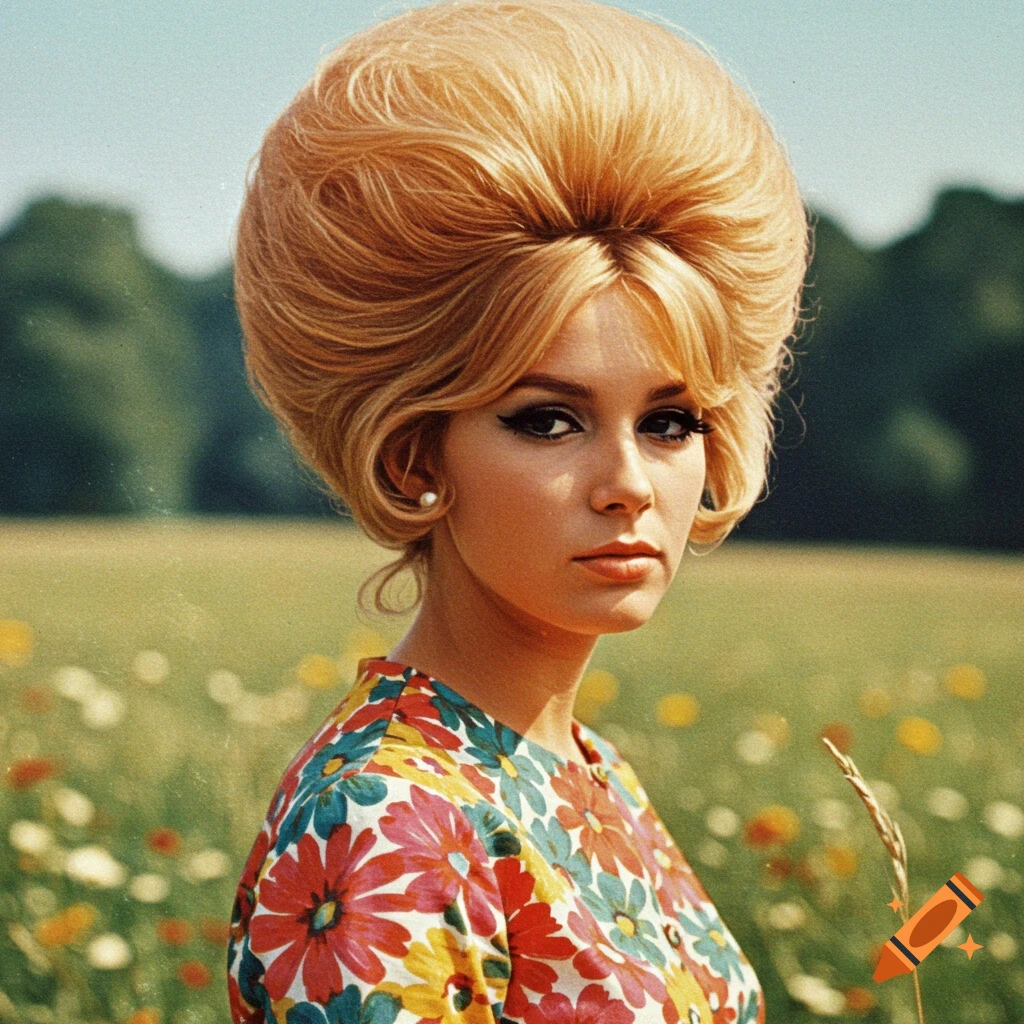Woman with large blonde bouffant hairstyle in a floral dress stands in a field of flowers.