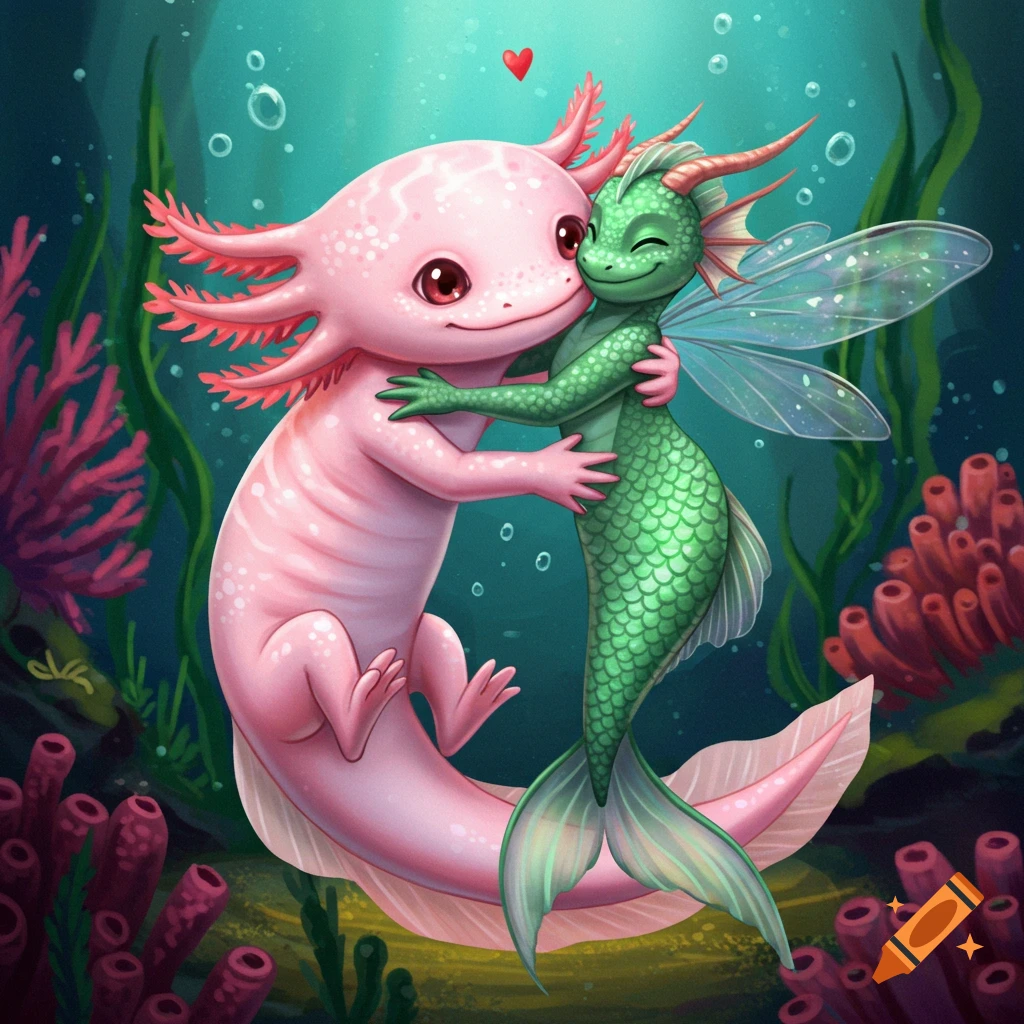 A cute pink axolotl hugs a green dragon mermaid underwater.